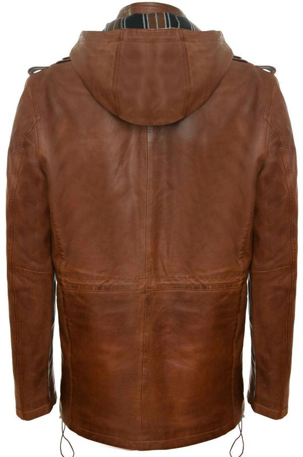 Infinity Leather Mens Hooded Trench Multi-Pocket Overcoat Leather Jacket