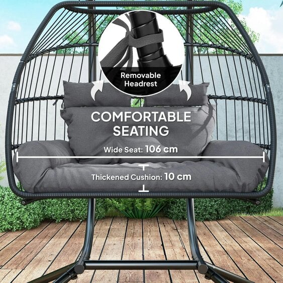 Bobobiy Rattan Double Hanging Egg Chair with Stand, Foldable Wicker Swing Egg Chair with Cushion, Steel Frame, Capacity 260 kg, Dark Grey