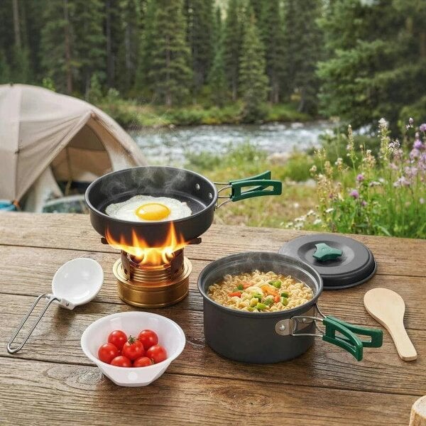Camping Cookware Set, 8-Piece Ultralight Camping Cooking Kit with Anti-Scald Handles, Grey - Grey