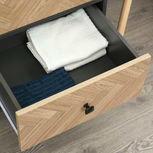 Wyld Haus Belavyn Black and Natural Chevron Wardrobe With Hanging Rod Top Shelves And 2 Drawers