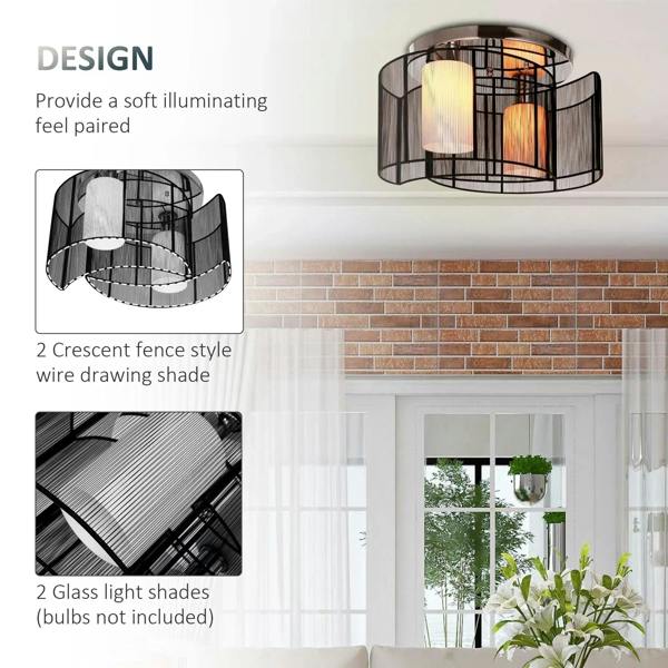 Black semi-flush chandelier with crescent-style wire cage and two cylinder light shades.