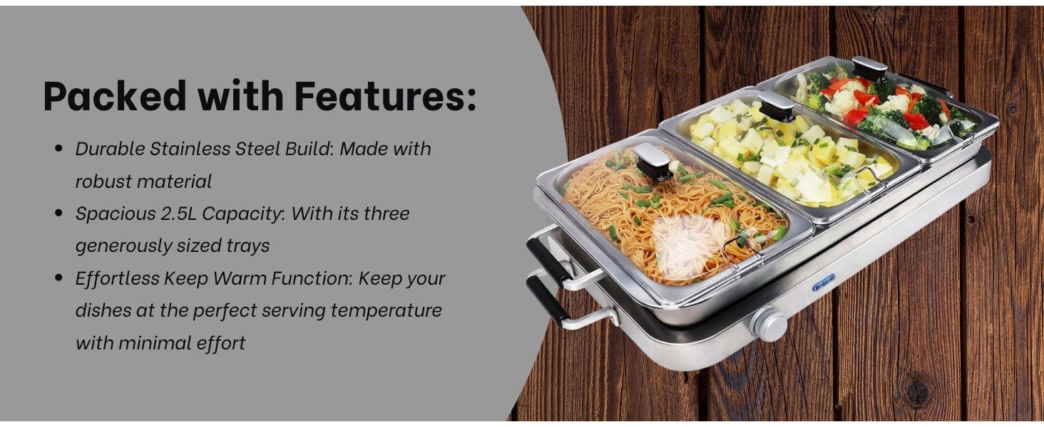 Callow Premium Large Buffet Warmer & Server Hot Plate - 3 x 2.5lt capacity and Keep Warm