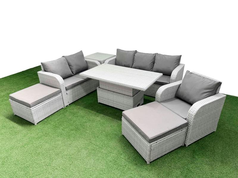 Fimous 8 Seater Patio Rattan Set, Adj Height Table, Reclining Chair, Loveseat, 3 Seater Sofa, 2 Big Footstools and Side Table, Light Grey