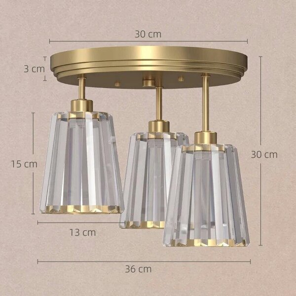3-Light Crystal Glass Ceiling Light, Triple Head with Dual Mounting, Modern Ceiling Lamp for Living Room, Gold Tone