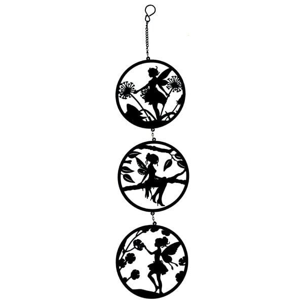 EDH Door Hardware Black Fairy Silhouette Hanging Trio Spinner– 60cm x 15cm | 3-Tier Kinetic Wind Spinner for Garden & Home