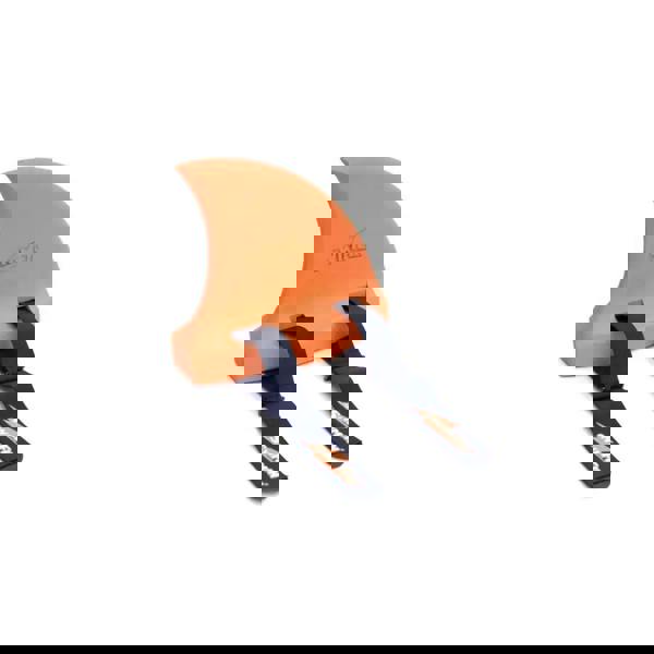 Orange shark fin buoyancy aid with black strap leash