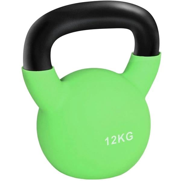 Green soft kettlebell with wide non-slip handle and 12kg weight marking