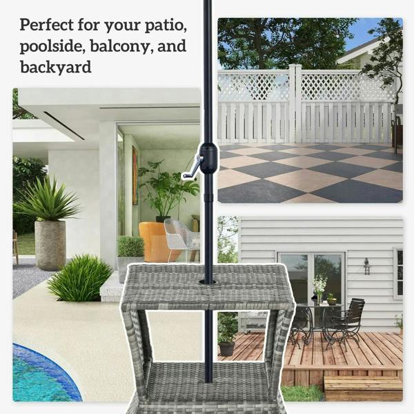 Grey wicker rattan outdoor bistro table with umbrella hole and open storage shelf