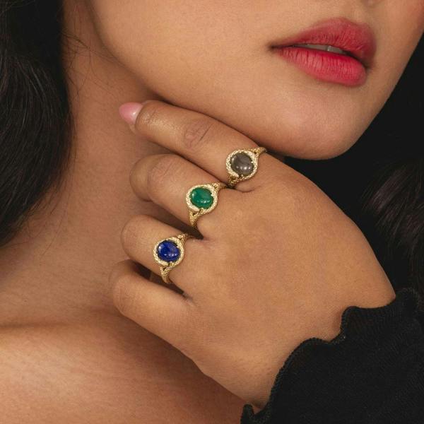 Gemondo ECFEW™ Oval Black Moonstone snake two-headed coiled bezel-set cabochon ring in gold vermeil sterling silver