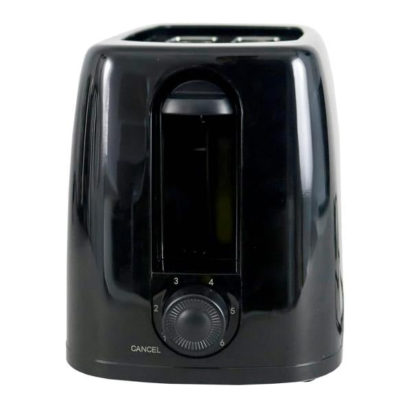 The Igenix 2 Slice Toaster (650W) features wide slots, a control dial with 6 browning levels, a front cancel button, crumb tray, and cord storage; shown in black against a white background.