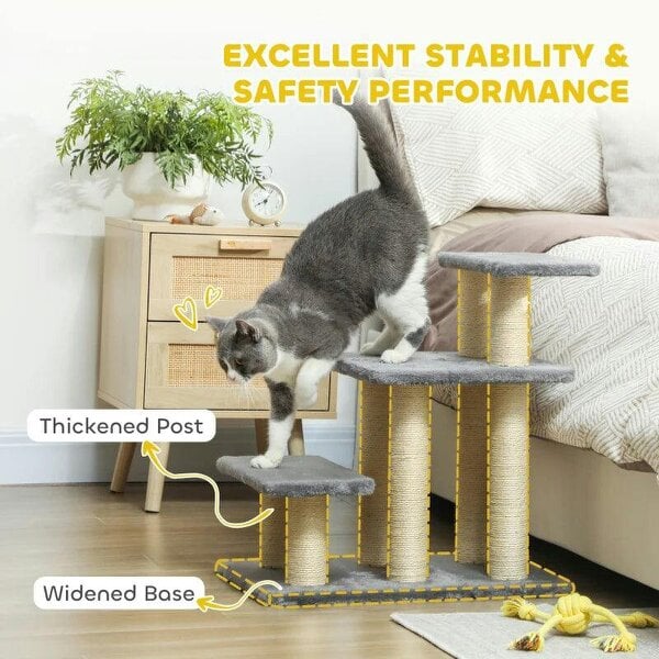 Pet Steps for Bed, 3 Step Adjustable Pet Stairs for Sofa with 6 Sisal Scratching Posts for Small Dogs & Cats, Grey
