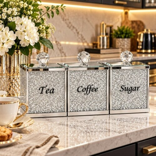 smartbies 3 Piece Tea Coffee Sugar Canisters Set – Crushed Crystal Storage Jars with Mirrored Lids & Crystal Knobs – Luxury Kitchen Containers