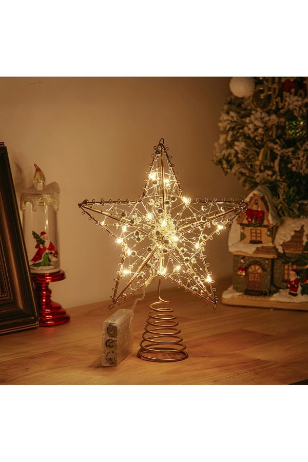 Living and Home Modern Metal Pre-Lit Star Christmas Tree Topper with Beads