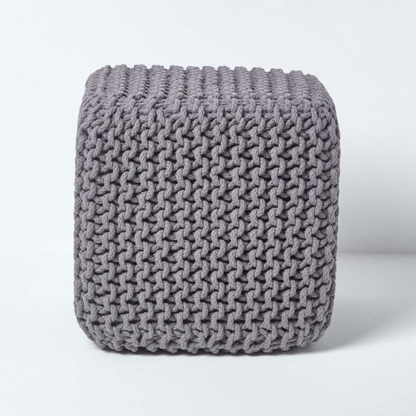 HOMESCAPES Cube Cotton Knitted Pouffe Footstool Bean Filled Hand Knitted