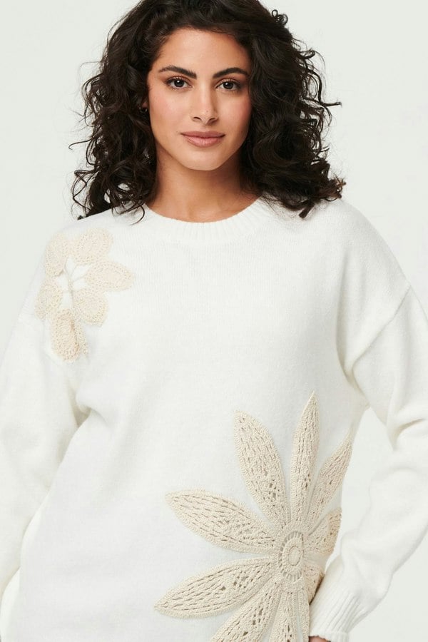 White | Floral Long Sleeve Embroidered Jumper