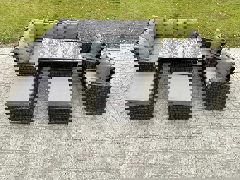 Fimous Dark Grey Mixed PE Rattan Outdoor Dining Set - Height Adjustable Lifting Table, 2 Big Footstools & 2 Armchairs