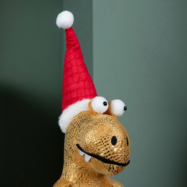 Samuel Alexander 60cm Gold Plush Tyrone-Rex Dino Standing Christmas Decoration with Santa Hat