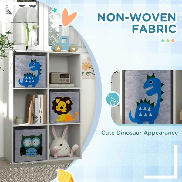 White kids toy storage cabinet with fabric drawers featuring dinosaur and cute animal designs