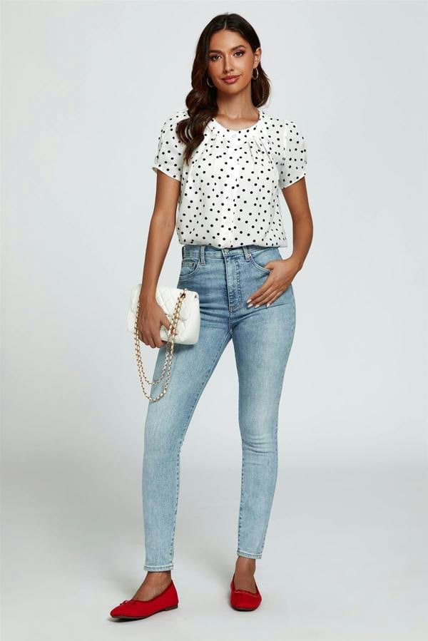 FS Collection Dot Print Short Sleeves Top In White