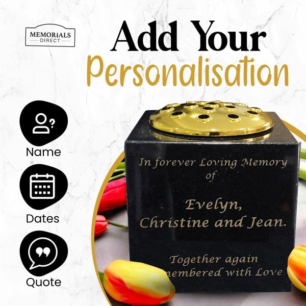 Memorials Direct Granite Memorial Vase - Solid Granite - Free Personalised Gold Engraving – Includes Metal Flower Pot Insert