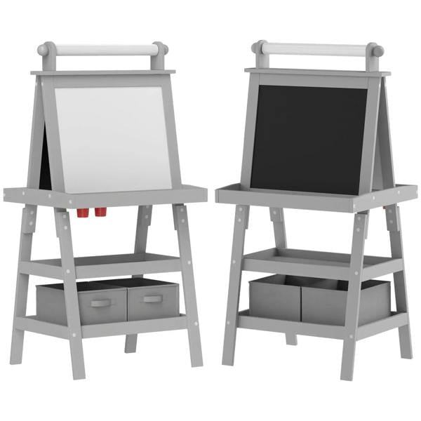 Grey kids art easel with double-sided magnetic whiteboard and chalkboard, storage baskets