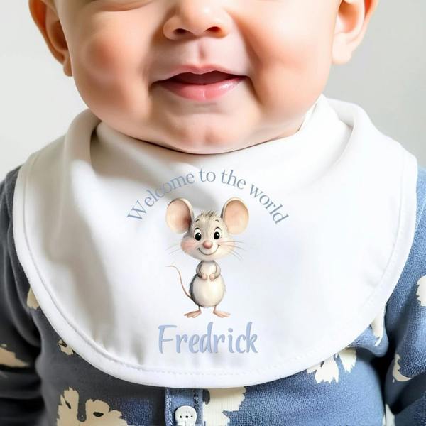 Personalised Blue Mouse Welcome Baby Grow, Vest or Bib with Name