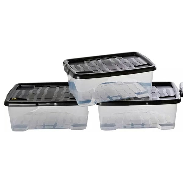 Pack Of 5 Strong Durable 30 Litre Curve Plastic Underbed Storage Boxes With Black Lids For Home & Office