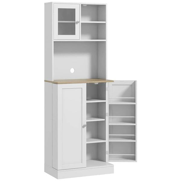 White kitchen storage cabinet with open side compartments and hinged lower doors