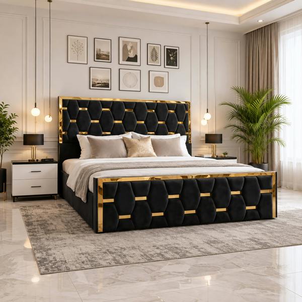 Paradise Beds Luxury Gold Trim Upholstered Bed Frame with Designer Tufted Headboard & Ottoman