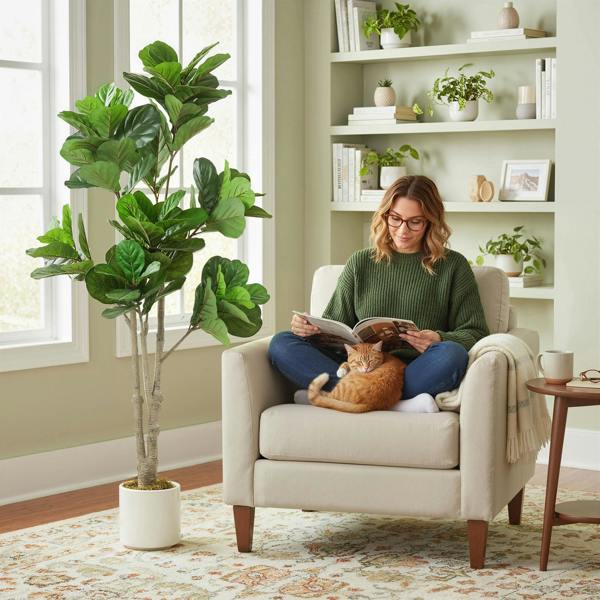 HOMCOM Artificial Fiddle Leaf Fig Tree, Realistic Fake Plant, Green - 75L x 60W x 180H cm - 1 - PEVA, PP, Cement