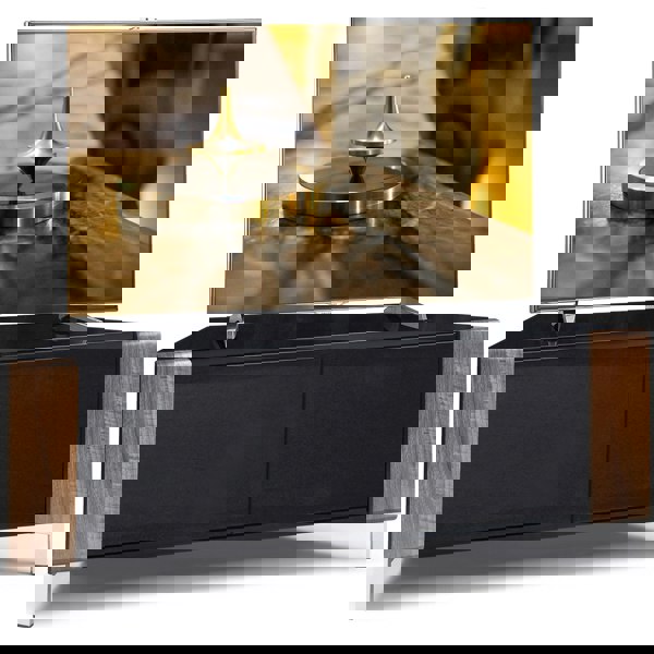 MDA Designs CORVUS Corner-Friendly Gloss Black Contemporary Cabinet with Walnut Profiles Black BeamThru Glass Doors for Flat Screen TVs up to 50"