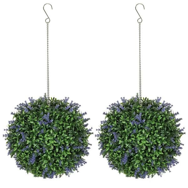 Set of 2 hanging faux topiary balls with purple and green foliage