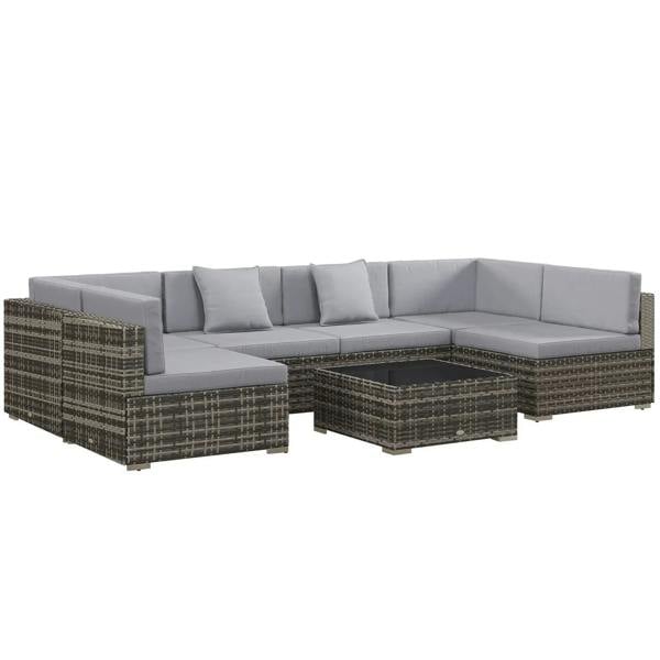 Grey cushion rattan corner sofa set with matching ottoman seating blocks.