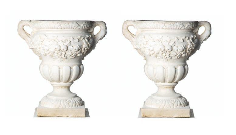 Pair of Large Fruit design White Stone Vases