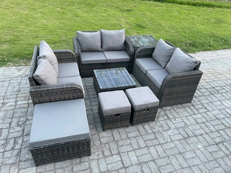 Fimous 9 Seater Outdoor Garden Furniture Sets Wicker Rattan Furniture Sofa Sets with Square Coffee Table Love seat Sofa 3 Footstools Side Table