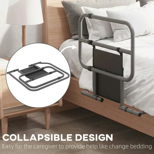 Black folding bed rail with storage pocket and hinged frame for space-saving use.