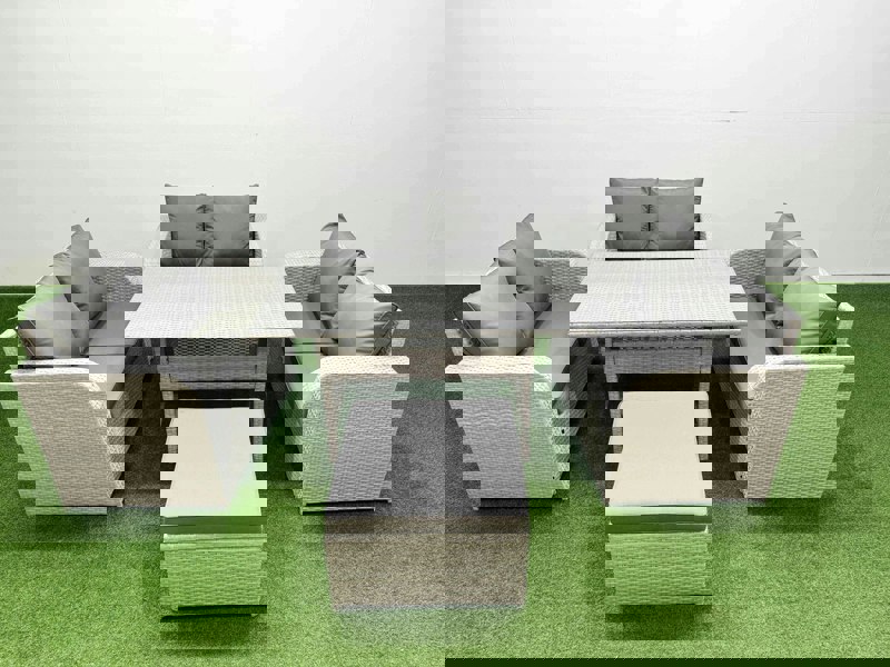Fimous  7 Seater PE Wicker Rattan Furniture Sofa Sets with Rectangular Dining Table 2 Seater Love Sofa Big Footstool Light Grey