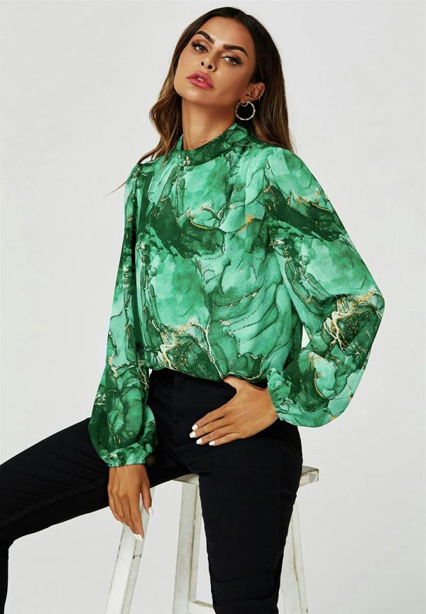 FS Collection Marble Print Long Sleeve High Neck Top In Light Green