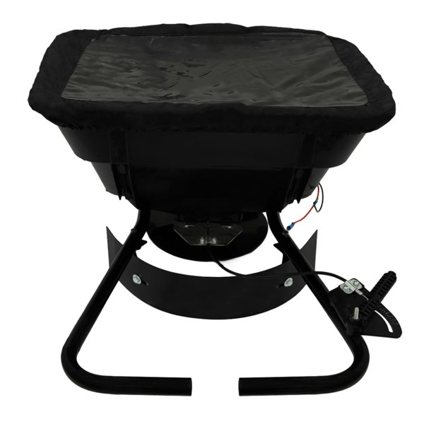Black ATV mounted spreader with a sturdy metal frame, large hopper, and adjustable controls for efficient spreading of materials