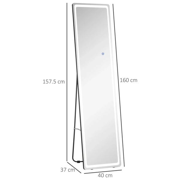 Full-length LED mirror with black frame, height 160 cm size diagram