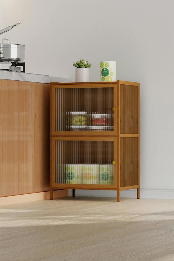 Living and Home Versatile 2-Tier Bamboo Storage Cabinet Bookcase Bookshelf Storage Rack w/ Doors