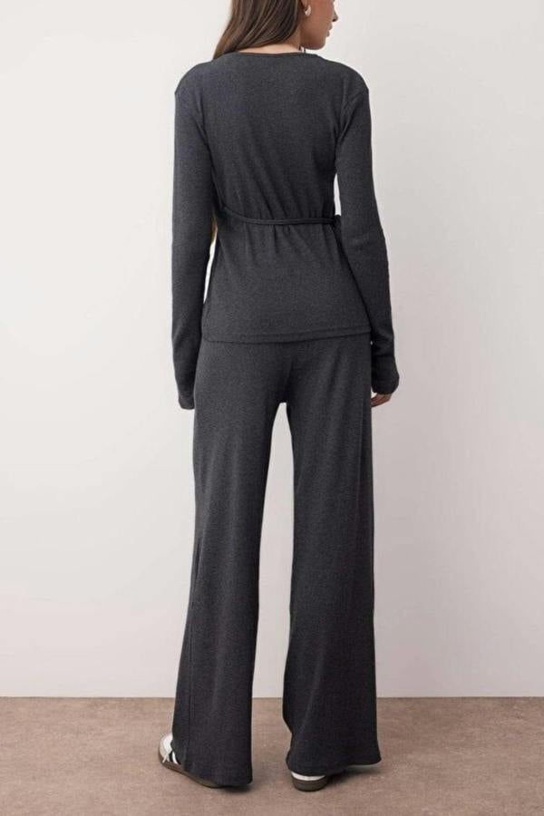 WOVCOR 2-Piece Wrap Knit Top & Wide Leg Pants Set