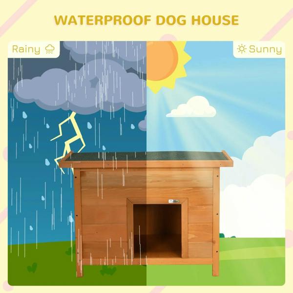 Yellow wooden elevated dog kennel with open front entrance, shown on outdoor-style graphic