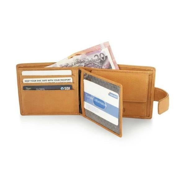 Inside view of Cognac leather wallet with cards and money on a white background