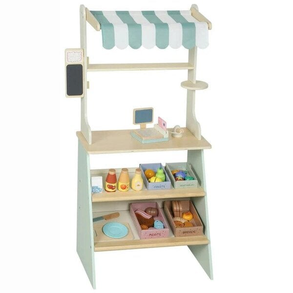 Bobobiy Wooden Toy Shop, Wooden Market Stall with Cash Register, Blackboard and Toy Food, 4 Storage Boxes, Ages 3+, Green