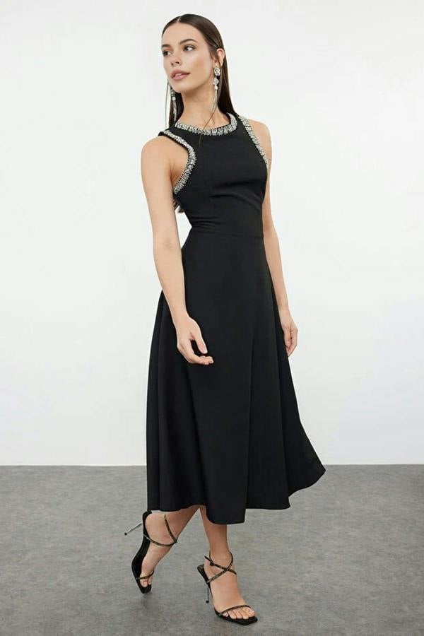 WOVCOR A-Line Woven Dress with Stone Embellishments