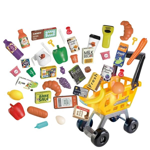 deAO Toys Kids Supermarket Pretend Play Set - Cash Register with Scanner, Lights & Sounds, Shopping Cart, 65 Accessories for Ages 3+