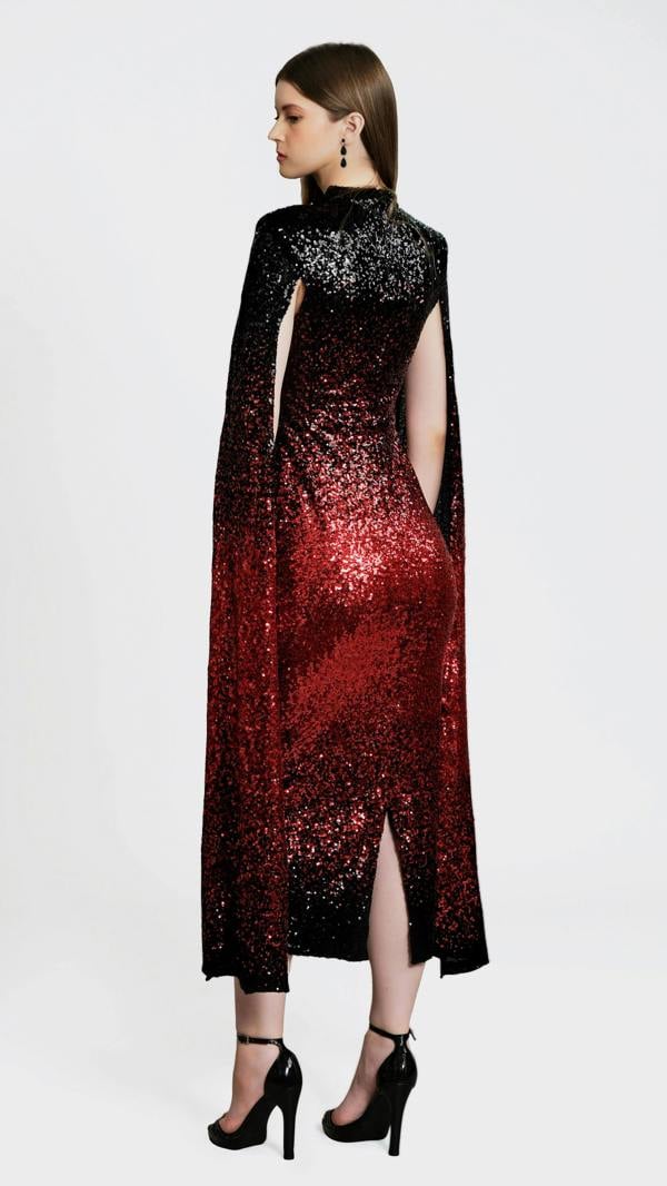LuvForever Phoenix - Red Black Cape Sleeve Sequin Midi Dress