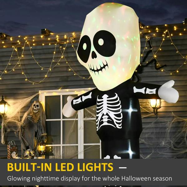 Inflatable LED skeleton decoration with blue-white glowing skull and black outfit, standing.