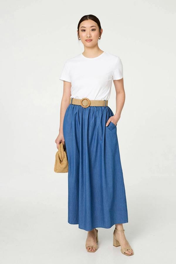 Blue | High Waist Belt Detail Denim Maxi Skirt